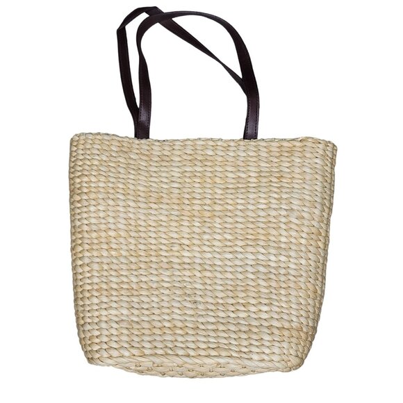 Handwoven Straw Tote Bag With American Flag embroidered Patch & Leather Straps - Picture 2 of 8